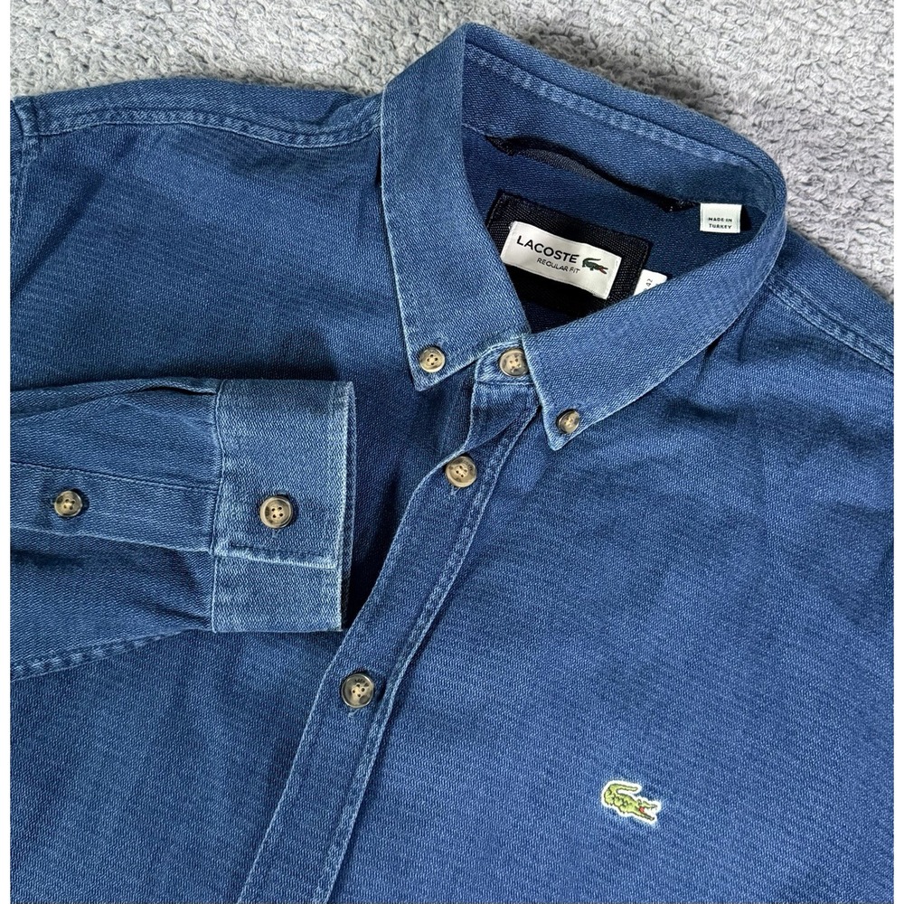 Lacoste Shirt Mens Large Blue Denim Long Sleeve Casual Button Down Regular Fit